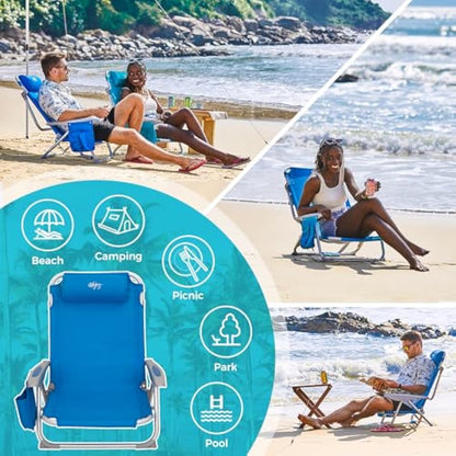 #WEJOY 4-Position Folding Beach Chair - Lightweight Aluminum Camping Chair for Adults, High Back Recliner with Pillow & Storage Pocket, Portable