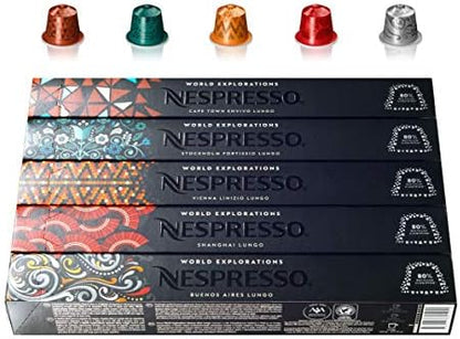 Nespresso World Explorations Pack: Envivo, Fortissio, Linizio, Shanghai, Buenos Aires Lungo - 50 Capsules