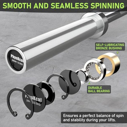 PhysKcal 4ft, 5ft, 6ft Barbell, Olympic EZ Curl Bar with Smooth Bushing & Bearing for 2'' Weight Plates, International Barbells for Press, Squat, Deadlift and Multiple Purposes