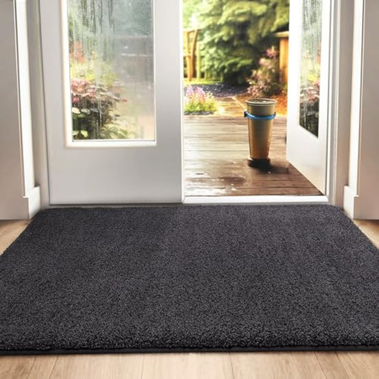 DEXI Dirt Trapper Door Mat Indoor, Non-slip Doormats Inside, Machine Washable, Super Absorbent Entrance Mats Soft Floor Carpet Rug, 50 x 80 cm, Black-Grey