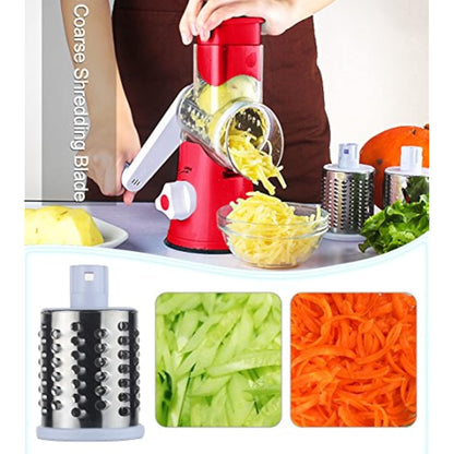 Ourokhome Vegetable Mandoline Slicer Chopper- Rotary Cheese Grater with 3 Interchangeable Ultra Sharp Cylinders Stainless Steel Blades（Red）