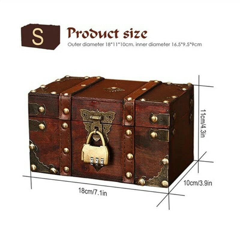 LIKEUDO Retro Jewelry Treasure Chest With Lock Vintage Wooden Trinket Storage Box (S (7.1x3.9x4.3in))