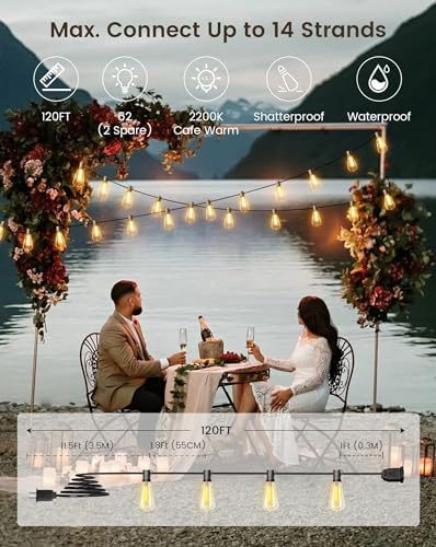 Torkase Outdoor String Lights Mains Powered,120FT/36M Garden Festoon Lights with 60+2 Shatterproof ST38 Plastic LED Edison Bulbs Waterproof for Outside Patio Pergola Gazebo Décor Wedding Cafe