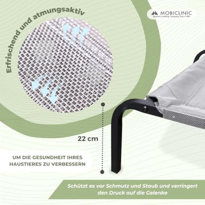 Mobiclinic®, Elevated Dog Bed, Cooling Breathable Elevated Pet Bed, 122x71x21cm, Pet Cot Elevated, Indoor and Outdoor, Easy to Clean, Dog Bed, Insulating, Tool-Free Assembly, Cleo, Max. 60 kg, Grey