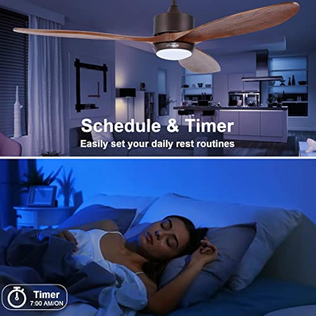 Ovlaim 132cm Wood Ceiling Fan with LED Lights and Remote Control, Quiet DC Motor Fans with 3 Wood Blades for Home Bedroom Living Room Patio, IP44 Waterproof