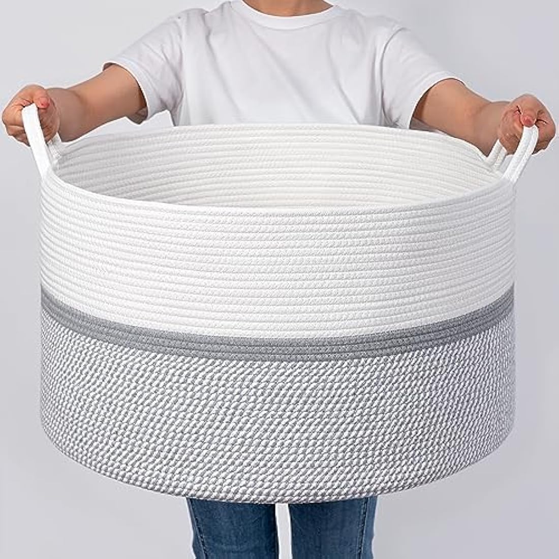 XXXL Extra Large Laundry Basket Cotton Rope Woven Basket Throw Blanket Storage Baskets Living Room with Handle for Clothes Towels Toys Living Room Bedroom Decorative Hamper, 55x35cm, Grey