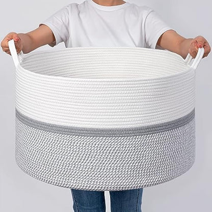 XXXL Extra Large Laundry Basket Cotton Rope Woven Basket Throw Blanket Storage Baskets Living Room with Handle for Clothes Towels Toys Living Room Bedroom Decorative Hamper, 55x35cm, Grey