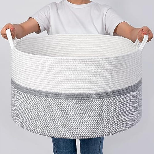 XXXL Extra Large Laundry Basket Cotton Rope Woven Basket Throw Blanket Storage Baskets Living Room with Handle for Clothes Towels Toys Living Room Bedroom Decorative Hamper, 55x35cm, Grey
