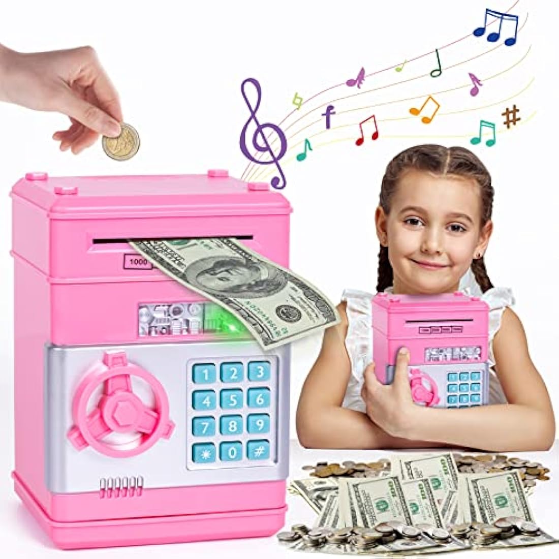 Thedttoy ATM Money Box for Kids Age 3-12, Electronic Money Bank Safe Piggy Bank for Girls Boys, Password Money Safe Savings Money Box for Girls Kids, Best Gift For Birthday Children's Day (Pink)