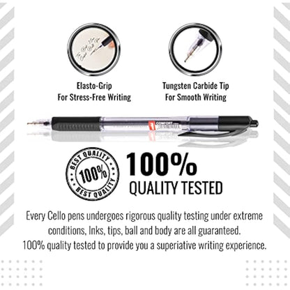 Cello Comfort Ballpoint Pens - Premium Retractable Biro Pens with Ergonomic Grip, Medium Point 1.0mm, Black Ink, Pack of 12 - Ideal for Office, School & Home Writing