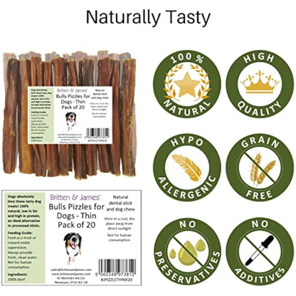 Britten & James 20 Thin Bulls Pizzles for Dogs (12cm length) - Bully Stick, Natural Dental Stick and Dog Chew. Hypoallergenic, Grain Free and Long Lasting Dog Treat