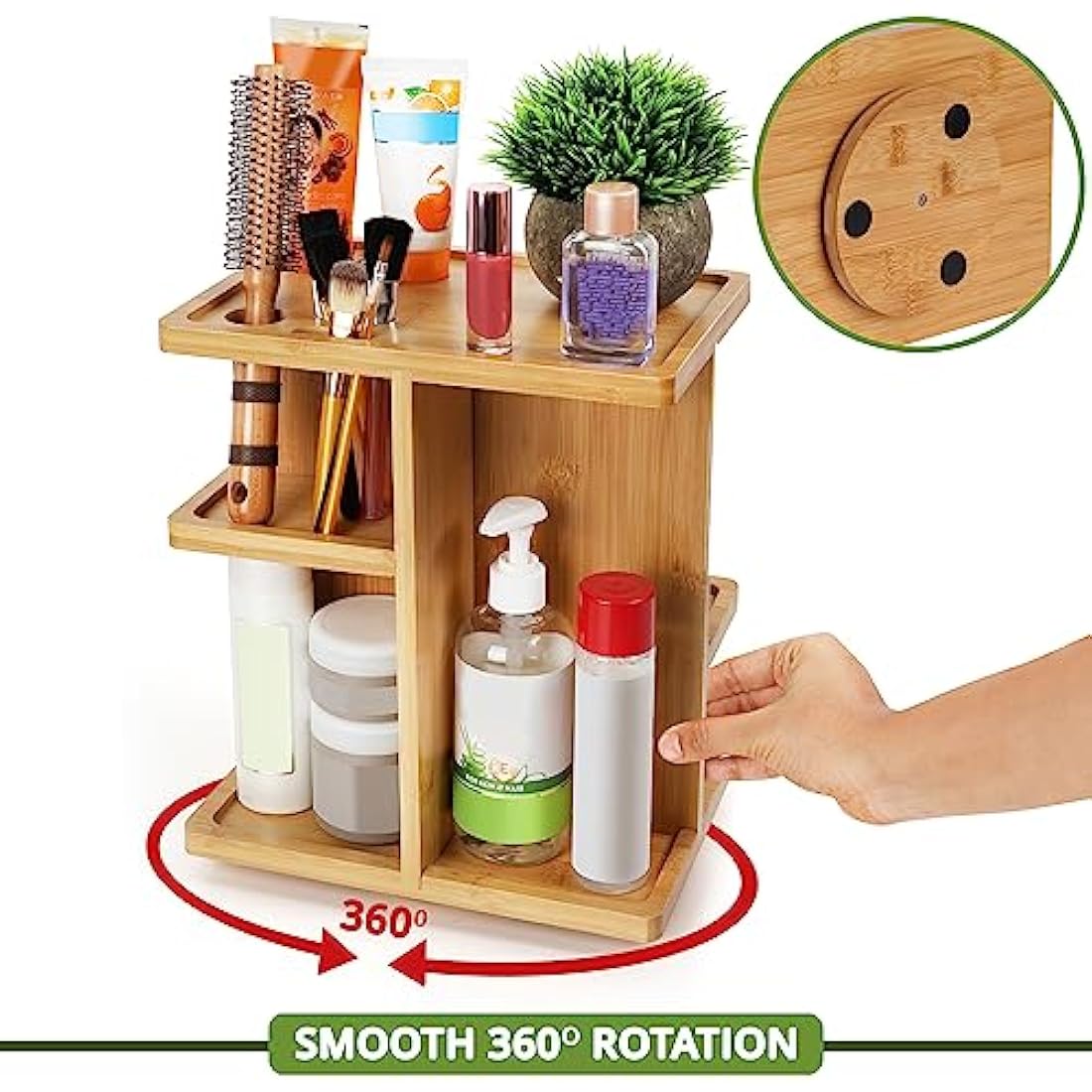 BELLE VOUS 360 Degree Rotating Makeup Organiser - Large Spinning Cosmetic Storage Holder - Bamboo Carousel Vanity Stand for Bathroom/Bedroom Countertop - Lipstick, Makeup Brushes & Cosmetics Box