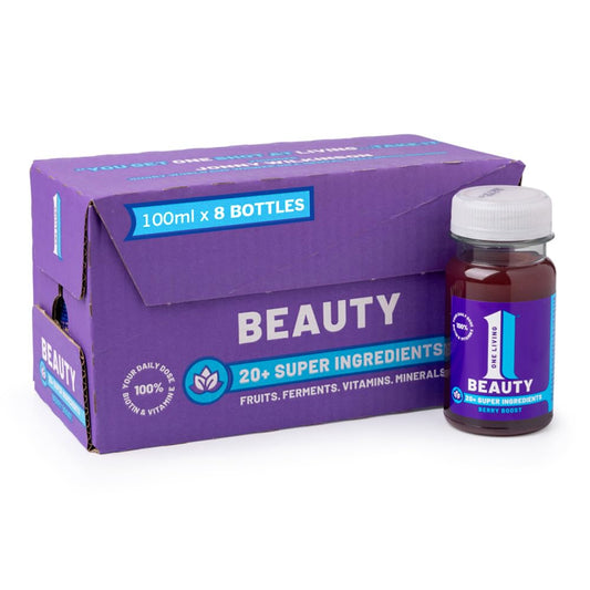 One Living - Beauty Health Shot Drink, Water Kefir, Berry Boost with Hyaluronic Acid & Biotin - All Natural Ingredients, 8 x 100ml, Vegan