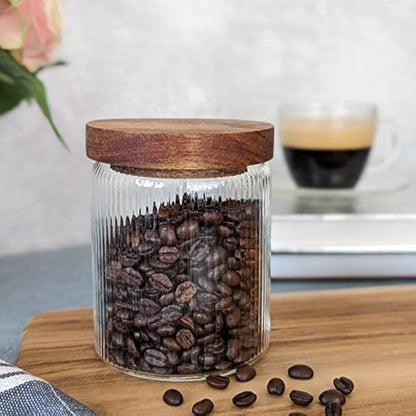 Mason & Fable Ribbed Glass Jar with Wooden Lid 500ml set of 3 | Airtight Glass Storage Canister for Food, Pasta, Coffee, Dog Treats, Snacks | Container for Home & Kitchen