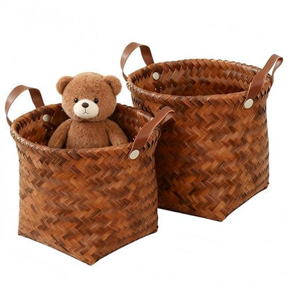 Lightweight and durable artificial rattan storage basket, toy box, laundry room, blanket, modern home decoration, woven basket with handle