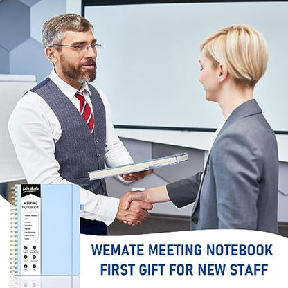 WEMATE Meeting Notebook B5 (7"x10") - PU Leather Planner Notebook with Agenda, Action Items & Notes - 200 Pages for Men&Women, Staff and Students, Meeting, Projects Planning - Light Blue