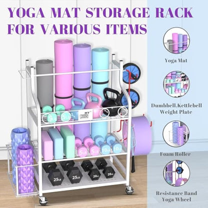 Mythinglogic Dumbbell rack-Yoga Mat weight rack-Home Gym Storage Rack for Dumbbells Kettlebells, Foam Roller, Yoga Strap, Resistance Bands - Workout Equipment Storage Organizer with Hooks and Wheels