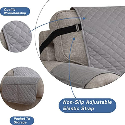 XINEAG Quilted Sofa Covers 2 Seater, Water Resistant Loveseat Covers Sofa Slipcovers with Pockets, Non Slip Sofa Cover for Dogs, Washable Furniture Protector with Elastic Strap (Loveseat, Light Grey)