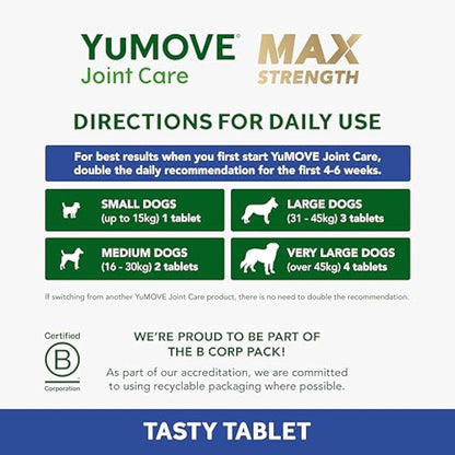 YuMOVE Max Strength Joint Supplement for Senior Dogs, Joint Care with Glucosamine, Chondroitin and Green Lipped Mussel, Age 8+, 120 Tablets
