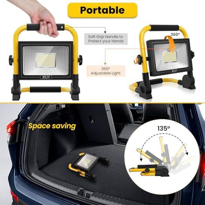 CLV 60W LED Work Light 5200LM, Job Site Light, Plug in Folding FloodLight, Portable Stand Work Lights Mains Powered LoftLight for Car Repairing Home Workshop Garage, 6500K Cold White 5M Wire with Plug