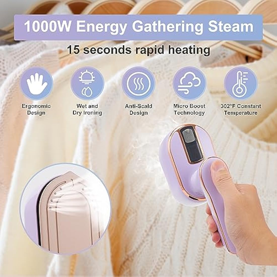 Travel Steam Iron, 1090W Foldable Mini Steam Iron Handheld, Travel Steamer for Clothes Supports Wet and Dry Ironing, 15s Fast Heat Up, Portable Steamer Iron for Home and Travel