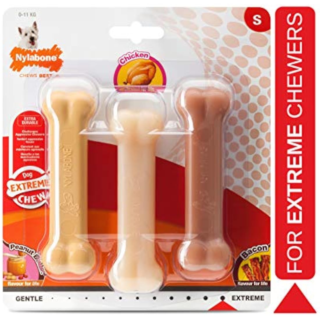 Nylabone Extreme Tough Dog Chew Toy Bones, Peanut Butter, Chicken, Bacon Flavoured, 3-Piece, Small, For Dogs Up To 11 kg