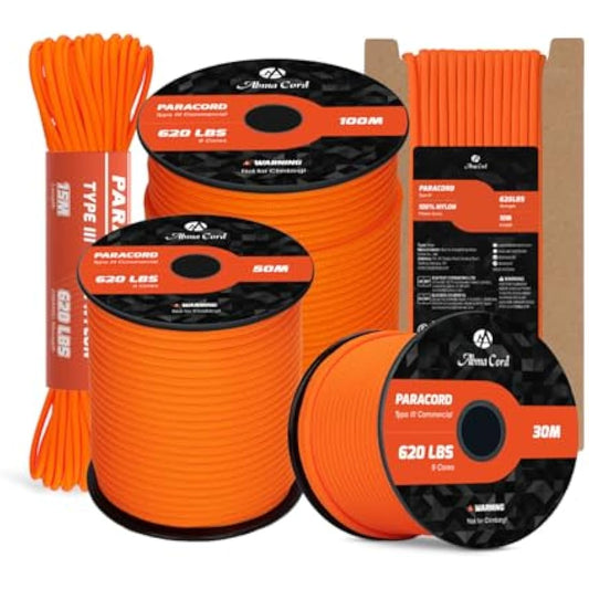 Abma Cord Paracord 4mm 100m 100% Nylon Rope 9 Strands Type III Parachute Cord for DIY, Camping, Survival, Outdoor - Max. 280kg - Orange