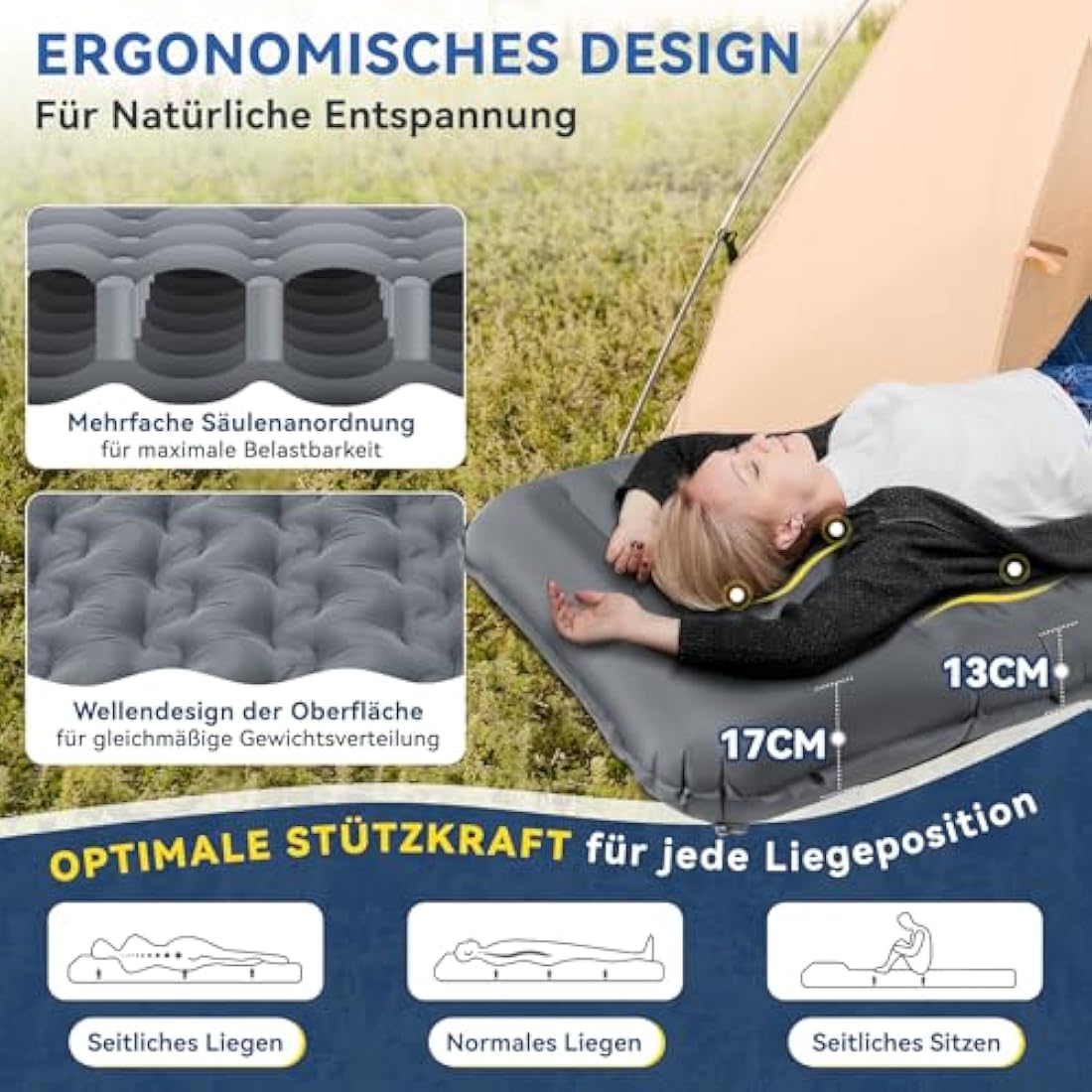 HIKENTURE Self-Inflating Sleeping Mat, 13 cm Ultra Thick Sleeping Mat Camping with Cushion, Inflatable Air Mattress, Small Pack Size, Ultralight Sleeping Mat with Foot Pump for Outdoor, Hiking, Tent -