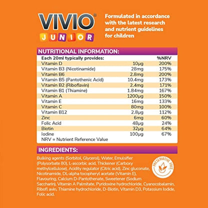 VIVIO Junior Multivitamin Tonic for Kids – 12 Added Vitamins Plus Zinc & Iodine to Support Your Child’s Immunity & Cognitive Function - Orange - 250ml