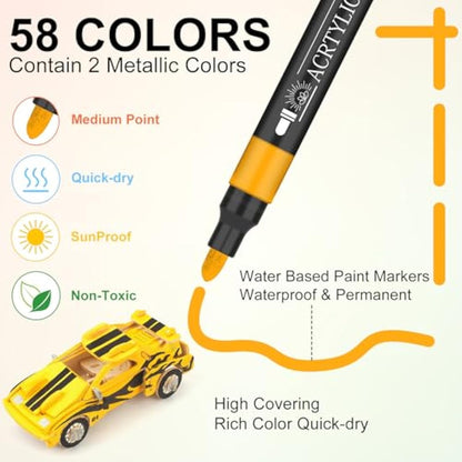 NICETY 58 Colours Acrylic Paint Pens - 3mm Medium Tip Paint Markers Rock Painting Pens for Stone Glass Wood Porcelain Ceramic Fabric - Water Based Acrylic Pens for Adults
