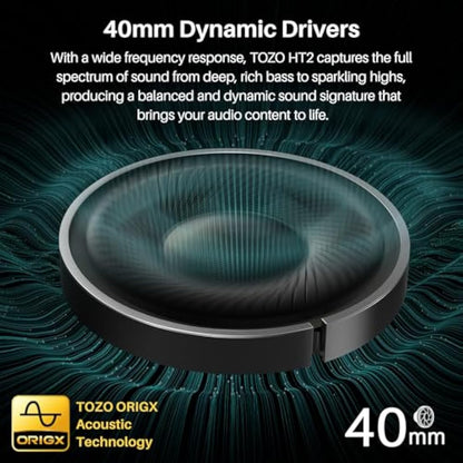 TOZO HT2 Hybrid Active Noise Cancelling Wireless Headphones, 60H Playtime Lossless Audio Over Ear Bluetooth Headphones, Hi-Res Audio Deep Bass Foldable Lightweight Headset for Workout