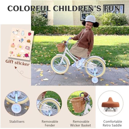 Glerc Little Molly 18 Inch Kids Retro Girls Bike for 2-13 Year Old with Wicker Basket & Stabilisers/Kickstand, Multiple Colors