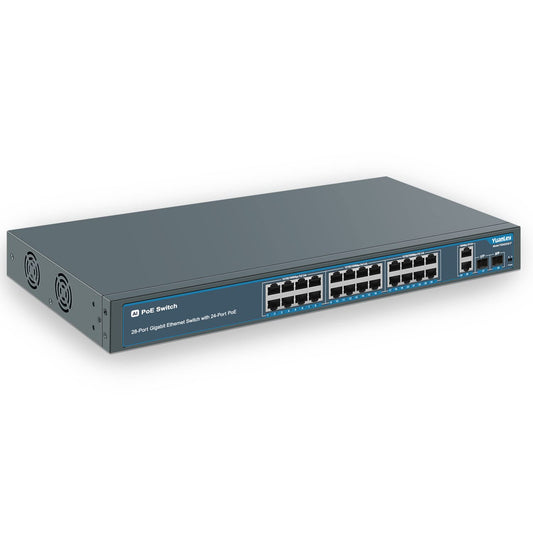 YuanLey 28 Port Gigabit PoE Switch with 24 Port PoE+@400W, 2 Gigabit Uplink Port, 2 SFP, Sturdy Metal for Desktop/Rack Mount, AI Watchdog, VLAN , Plug