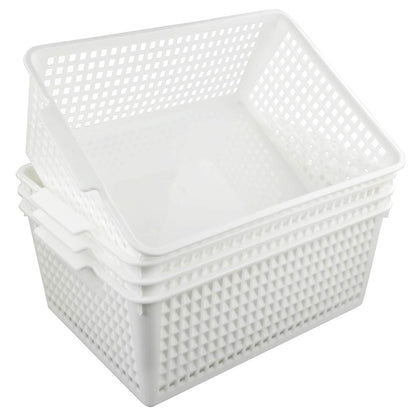 Fosly Large Rectangular Storage Basket Set of 4, White Plastic Basket Boxes