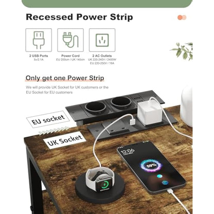 Lutown-Teen Bedside Table with Charging Station, Night Stand Small Bedside Cabinet with Open Storage Shelf and 2 Fabric Drawers, Side Table with 4 Castors for Bedroom, Living Room, Rustic Brown