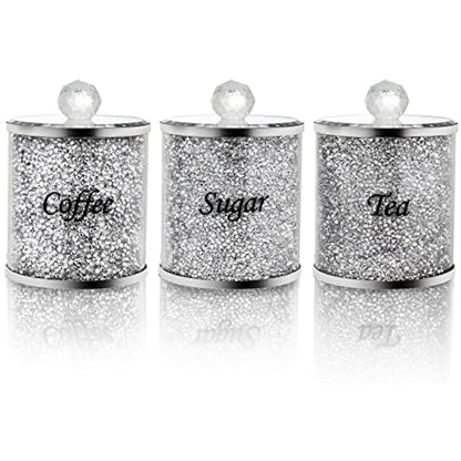 Cedilis 3 Pack Decorative Coffee Tea Sugar Canisters With Crushed Crystal Diamonds, Glass Food Storage Containers, Bling Kitchen Jar for Countertop Decor, Silver