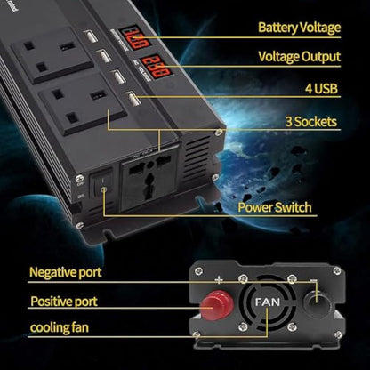LVYUAN Power Inverter 1200/2500 W DC 12V to 240V AC Car Converter with 4 USB, 3 UK Sockets, Dual LED Display and Fan, Car Adapter, Black