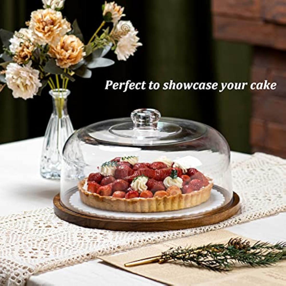 ANBOXIT Cake Stand with Dome Lid, Acacia Wood Cake Plate with Cover, Wooden Cake Display Stand with Acrylic Dome ( Flat )