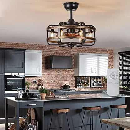 IZOWE Ceiling Fans with Lights and Remote, Industrial Caged Ceiling Fan 3 Speed Vintage Reversible Ceiling Fans with Lamps for Bedroom Dining Room Kitchen E14*6