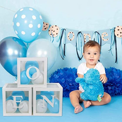 First 1st Birthday Decorations for Boys, 3Pcs White ONE Balloon Boxes with ONE Letter, One Boxes for 1st Birthday Backdrop, Balloon Blocks for First Birth Decorations, One Year Old Party Supplies
