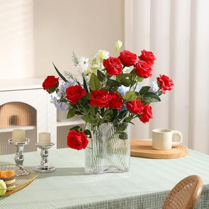 Hawesome 12PCS Artificial Roses Fake Flowers Single Long Stem Blooms with Rose Buds Wedding Decoration Bridal Bouquet Decorative Flower Arrangement Home Decoration Party Centerpieces in Red