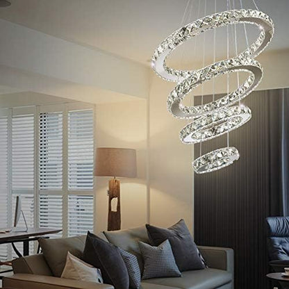 diisunbihuo Modern Crystal Chandeliers LED 4 Rings Pendant Light Adjustable Stainless Steel Ceiling Light Fixture for Living Room Dining Room Bedroom (Cool White,Non-dimmable)