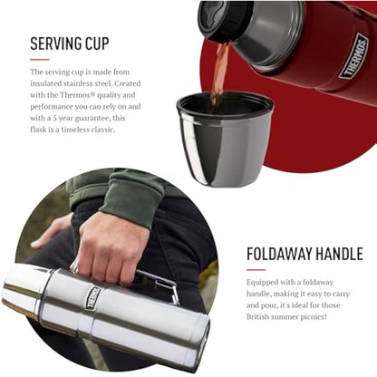 Thermos - Stainless King Red Travel Flask (1.2L) - Premium Leak Proof Insulated Tea & Coffee Flask for Hot & Cold Drinks, Built-in Cup, Twist-Pour Stopper, BPA-Free, Durable Steel, Dishwasher Safe