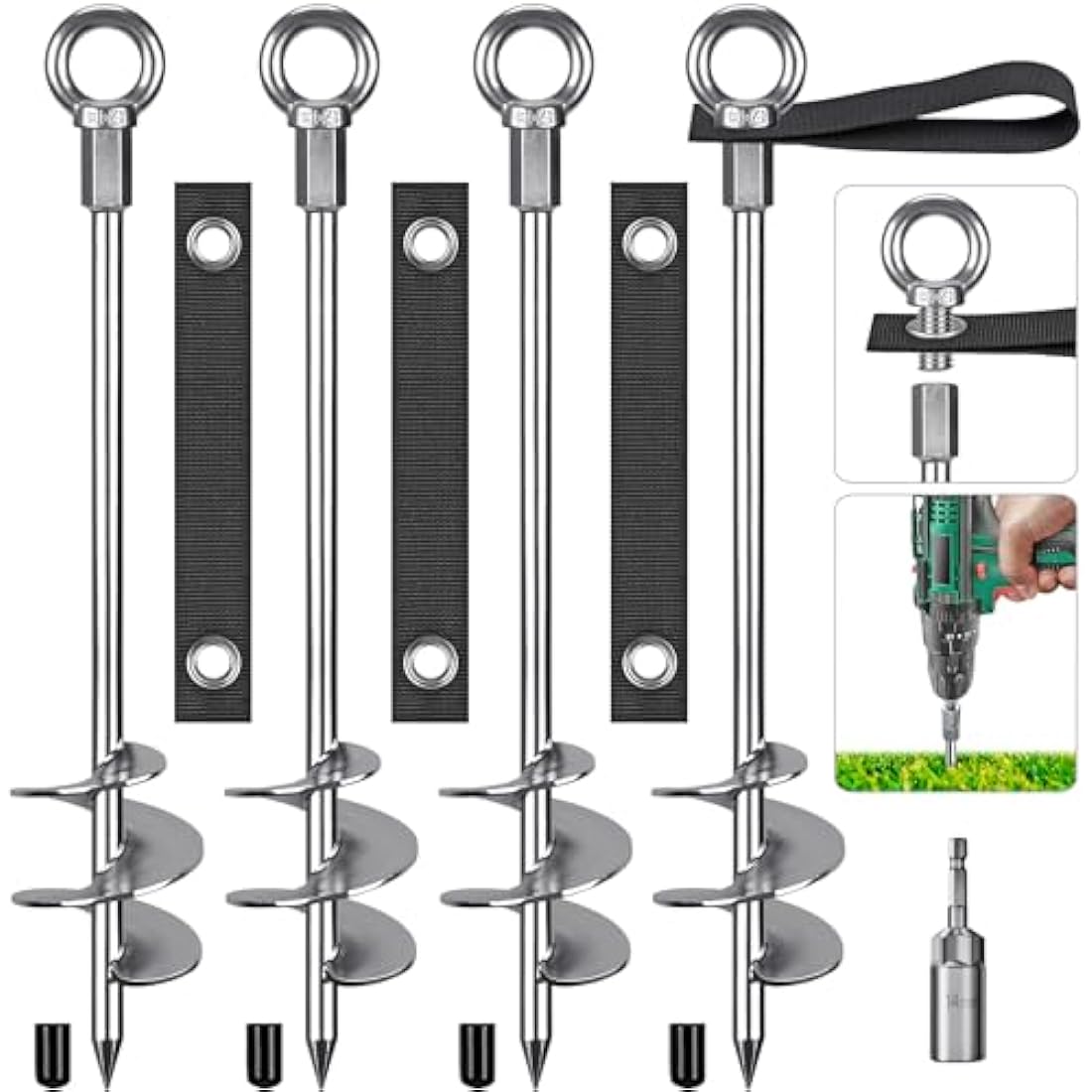 Insaga Tent Peg, 45cm Heavy Duty Ground Anchor Large Metal Earth Stake Spiral Blade Screw in Trampolines Spike for Swing Set/Camping/Shed/Dog/Carport with Fixed Loop Strap, 4 Pack
