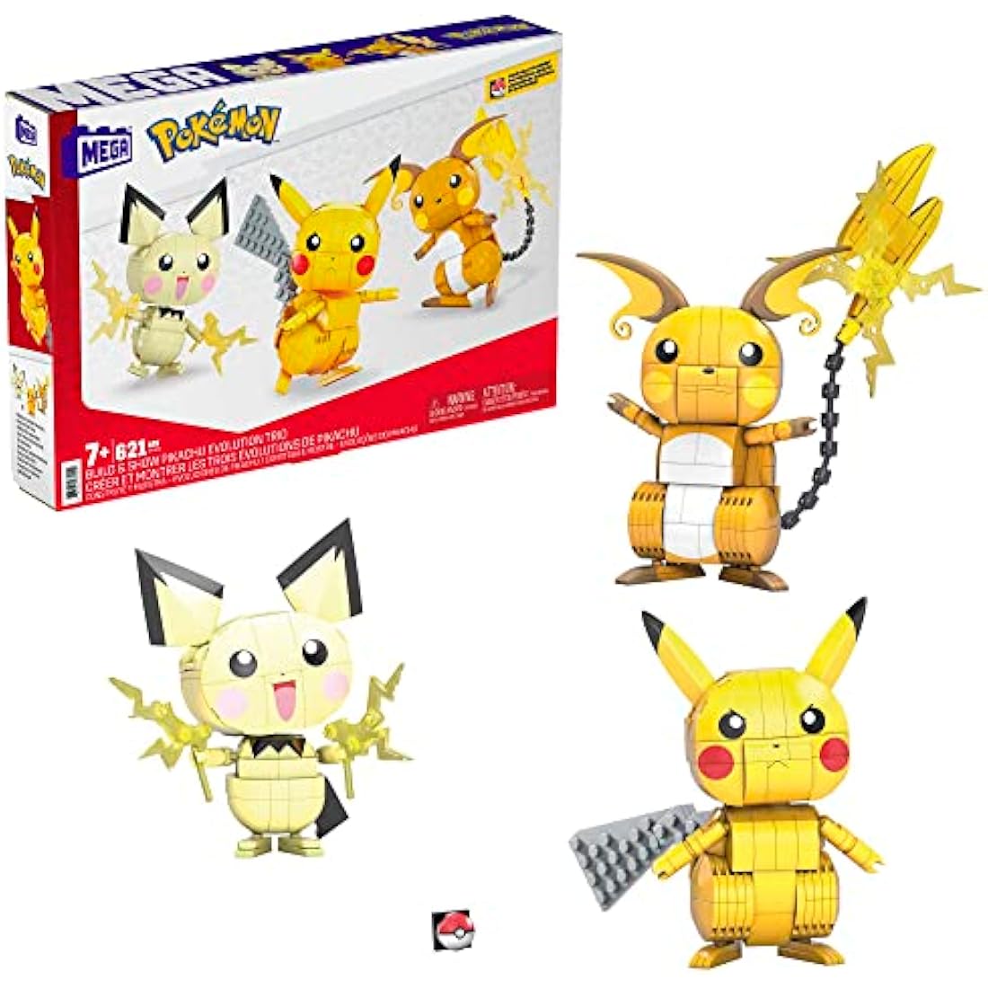 MEGA Pokémon Action Figures Toy Building Set, 4 Inch Pikachu, Raichu and Pichu Build n Show Pikachu Evolution Trio with Poke Ball Pin