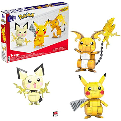 MEGA Pokémon Action Figures Toy Building Set, 4 Inch Pikachu, Raichu and Pichu Build n Show Pikachu Evolution Trio with Poke Ball Pin