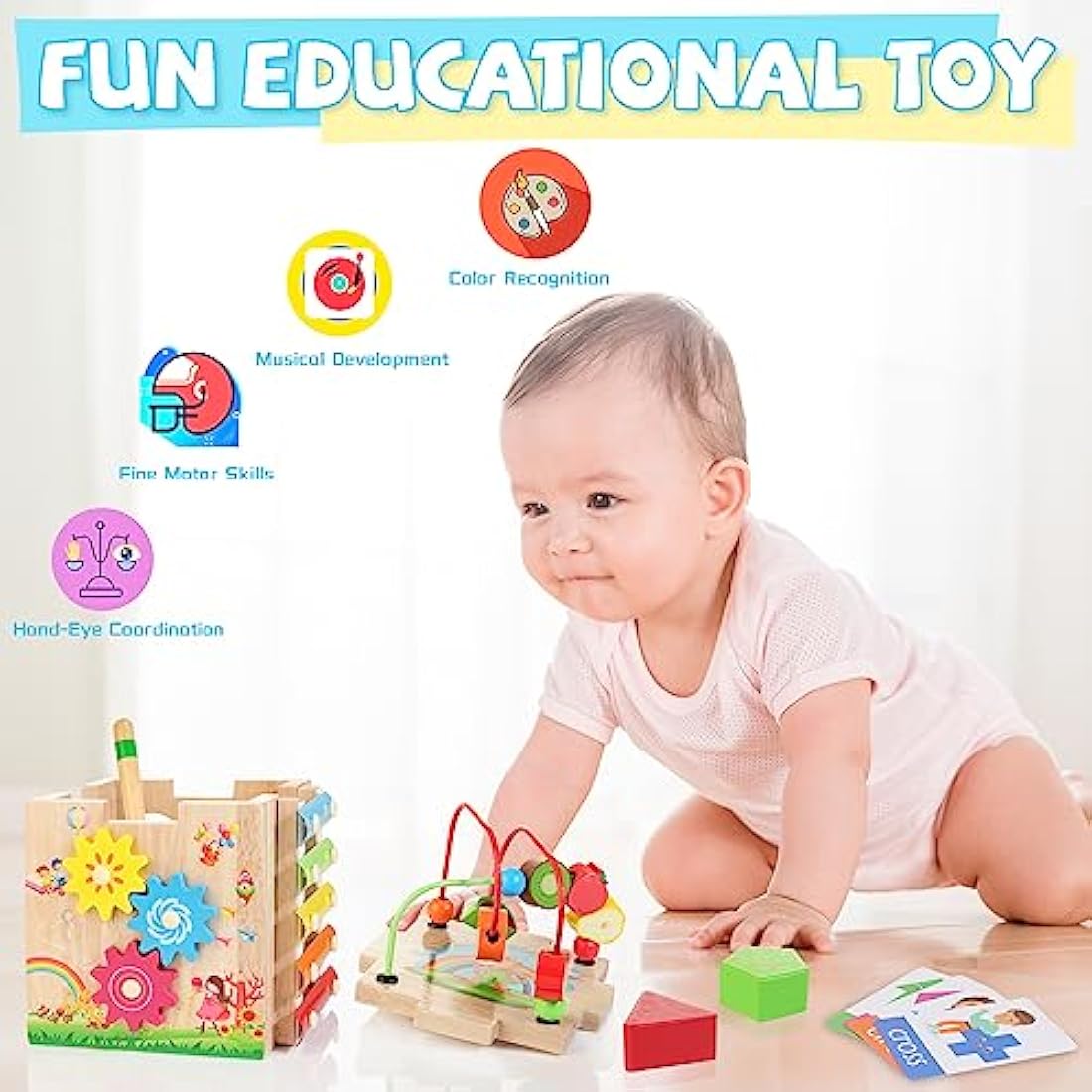 Wooden Activity Cube | 8-in-1 Montessori Toys for 12M+ Toddlers, One Year Old First Birthday Gift, Baby Toy Set with Bonus Sorting & Stacking Board (Pink)