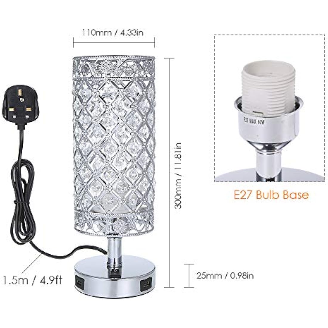 Tomshine Crystal Bedside Table Lamp with Dual USB,Modern Sliver Light E27 Glitter Lampshade with 2 USB Port Bedroom Nightstand Light for Bedroom,Living Room