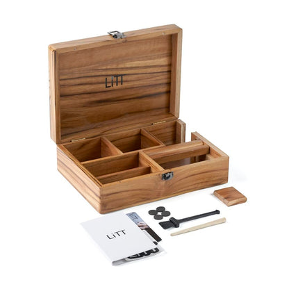 LITT Portable Teak Wooden Stash Box - Rolling Storage Set with Tray, Accessory with Lid - Discreet Secure Storage