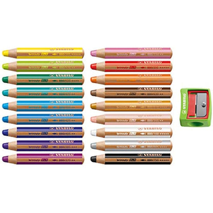STABILO - Colouring Pencil, Watercolour & Wax Crayon - Woody 3 in 1 - Pack of 18 with Sharpener in Green